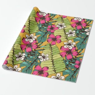 Seamless pattern with tropical flowers, palm leave wrapping paper