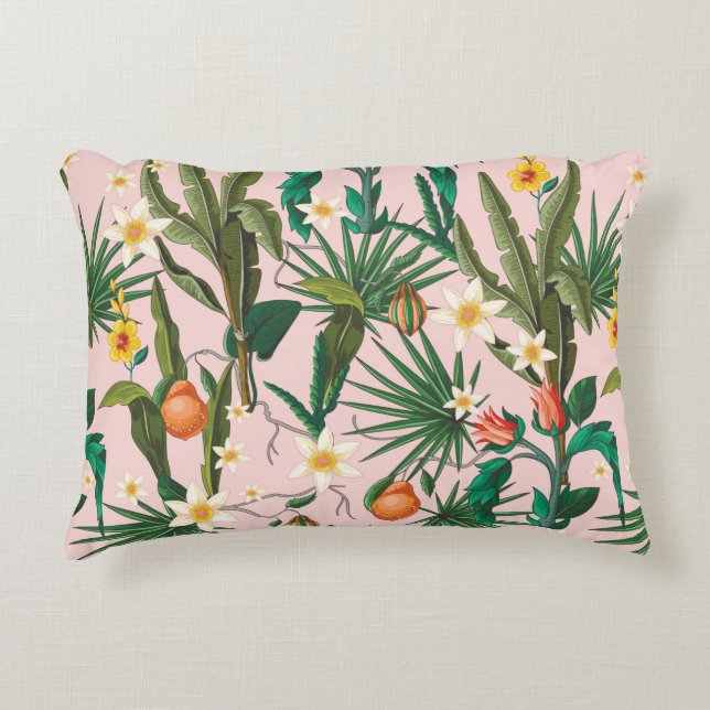 Seamless pattern with tropical leaf, flowers and f decorative cushion (Front)