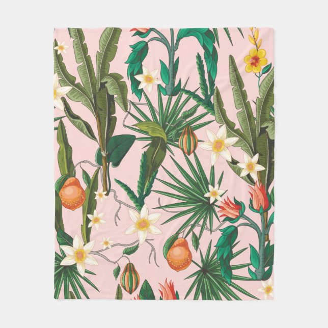 Seamless pattern with tropical leaf, flowers and f fleece blanket (Front)