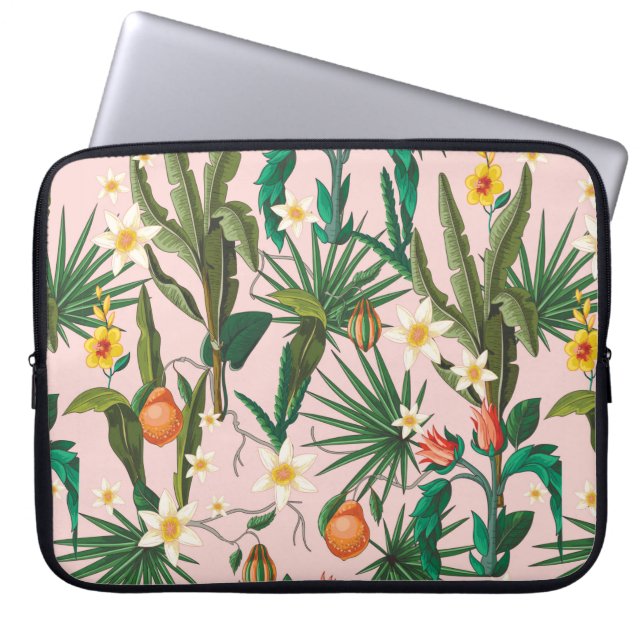Seamless pattern with tropical leaf, flowers and f laptop sleeve (Front)