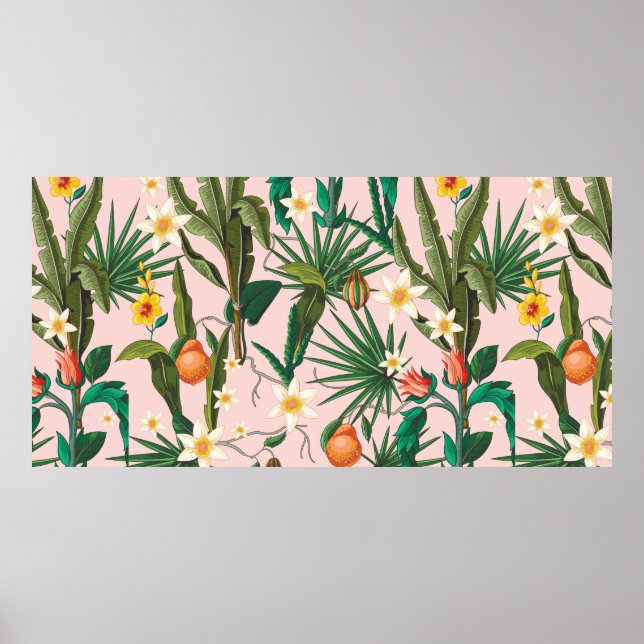 Seamless pattern with tropical leaf, flowers and f poster (Front)
