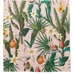 Seamless pattern with tropical leaf, flowers and f shower curtain