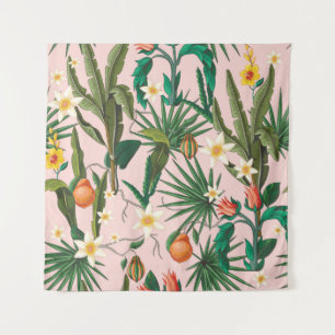 Seamless pattern with tropical leaf, flowers and f tapestry