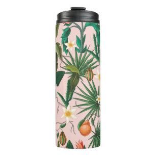 Seamless pattern with tropical leaf, flowers and f thermal tumbler