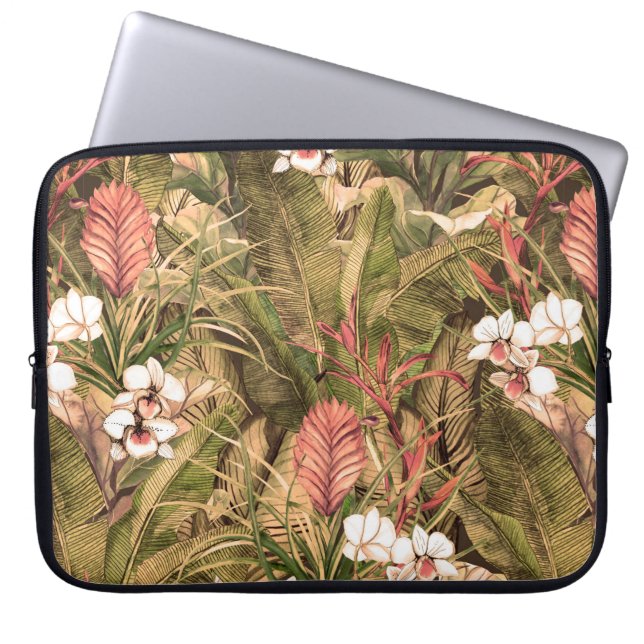 Seamless pattern with tropical leaves and flowers. laptop sleeve (Front)