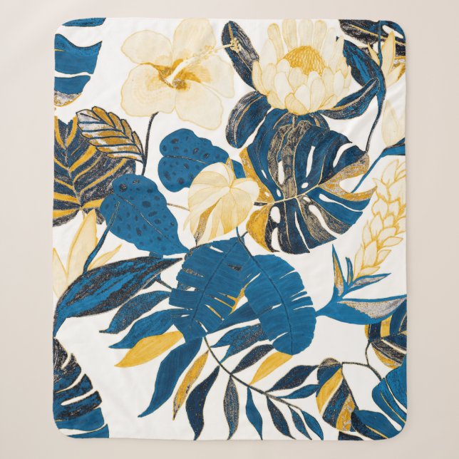 Seamless pattern with tropical leaves and flowers sherpa blanket (Front)