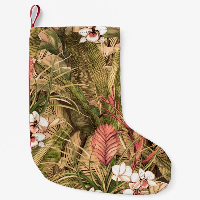 Seamless pattern with tropical leaves and flowers. small christmas stocking (Front)