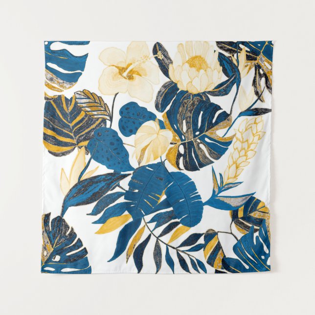Seamless pattern with tropical leaves and flowers tapestry (Front)