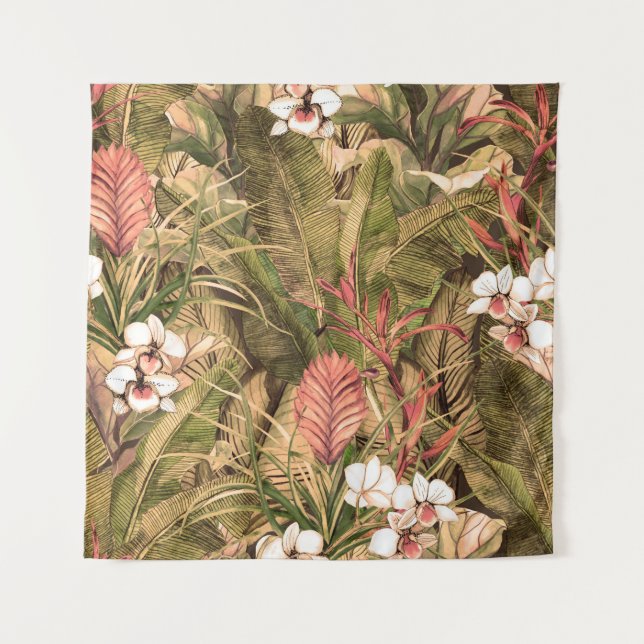 Seamless pattern with tropical leaves and flowers. tapestry (Front)