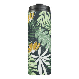Seamless pattern with tropical leaves and flowers thermal tumbler