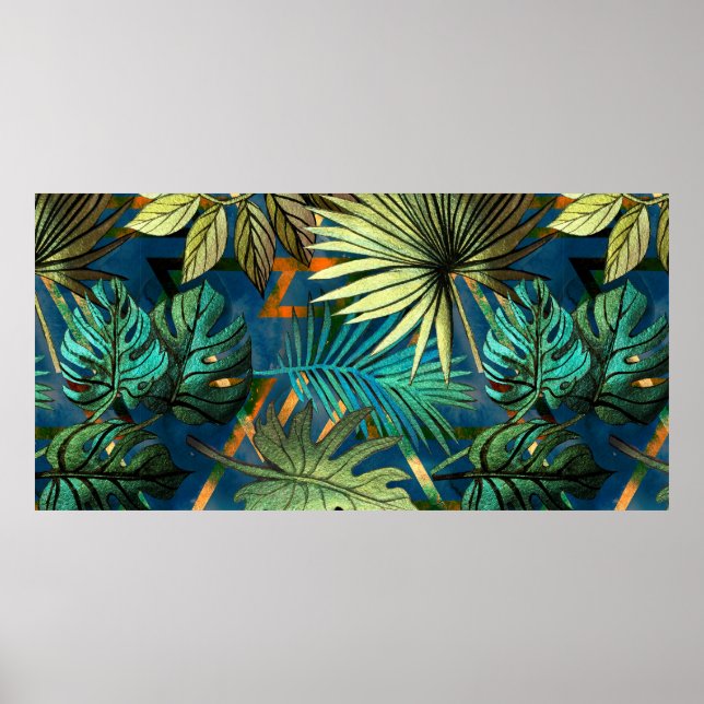 Seamless pattern with tropical leaves and geometri poster (Front)
