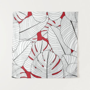 Seamless pattern with tropical leaves in red and w tapestry