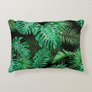 Seamless pattern with tropical leaves on a dark ba decorative cushion