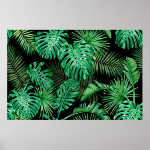 Seamless pattern with tropical leaves on a dark ba poster