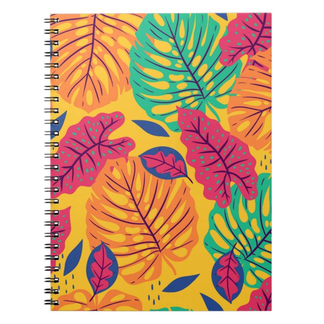 Seamless pattern with tropical leaves on yellow ba notebook (Front)