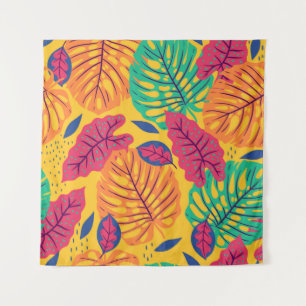 Seamless pattern with tropical leaves on yellow ba tapestry
