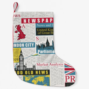 seamless pattern with UK or London newspaper. Pag Small Christmas Stocking