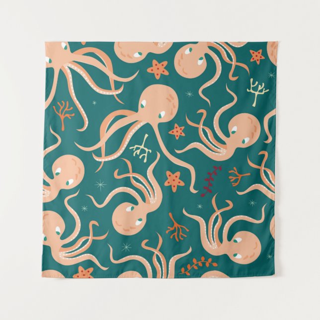 Seamless pattern with underwater ocean animals, cu tapestry (Front)