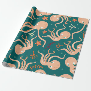 Seamless pattern with underwater ocean animals, cu wrapping paper