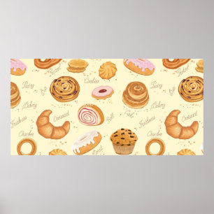 Seamless pattern with various pastries poster