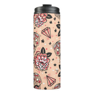 Seamless pattern with vintage roses, diamonds and thermal tumbler
