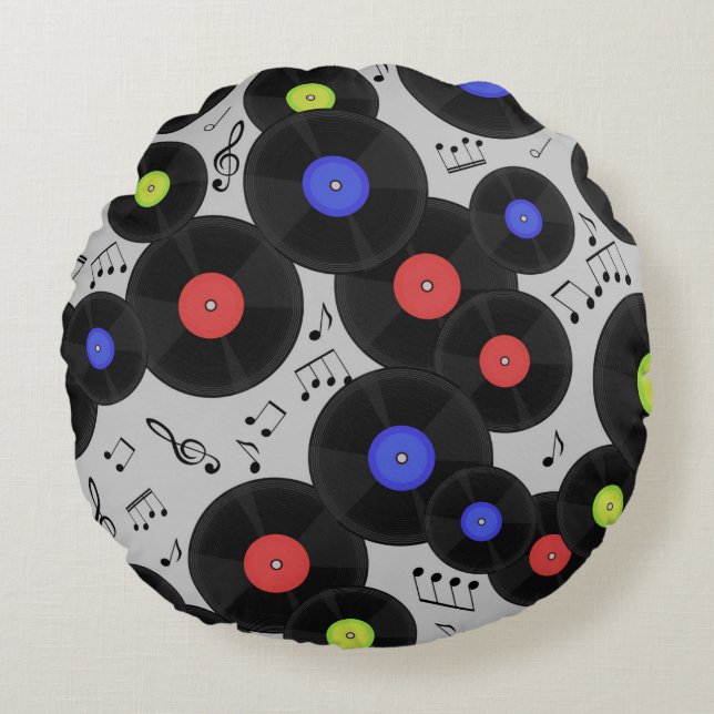 Seamless pattern with vinyl records and notes.  round cushion (Front)