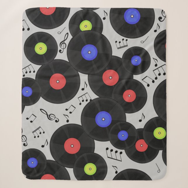 Seamless pattern with vinyl records and notes.  sherpa blanket (Front)