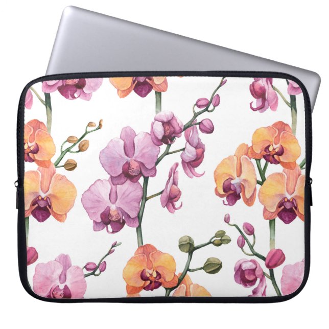 Seamless pattern with watercolor orchid flowers  laptop sleeve (Front)