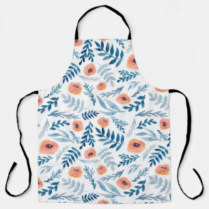 Seamless pattern with watercolor roses and blue le apron