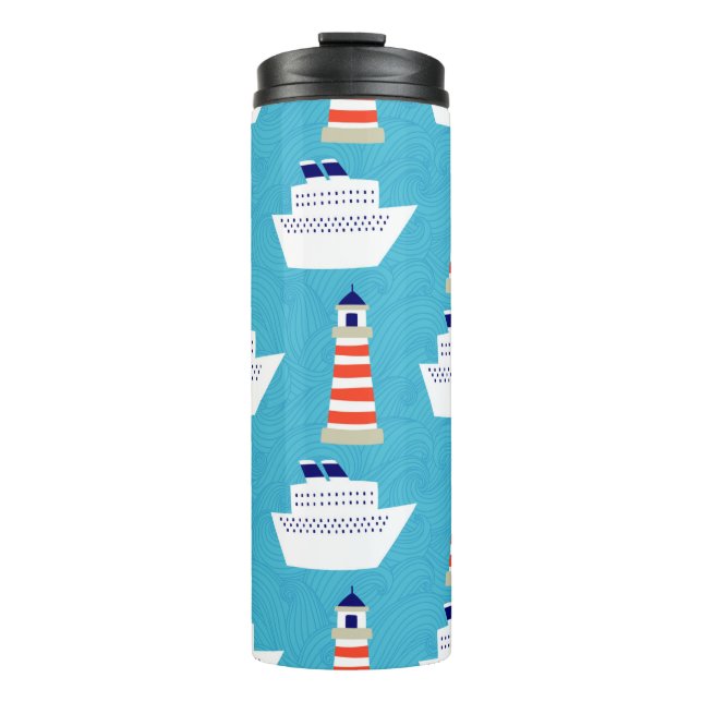 Seamless pattern with waves, lighthouses and cruis thermal tumbler (Front)