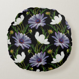 Seamless pattern with white cosmos and blue daisy  round cushion