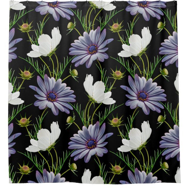 Seamless pattern with white cosmos and blue daisy  shower curtain (Front)