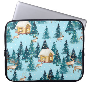 Seamless pattern with winter village in the forest laptop sleeve