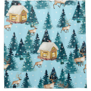 Seamless pattern with winter village in the forest shower curtain