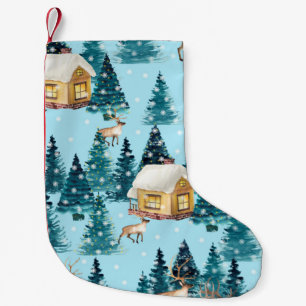 Seamless pattern with winter village in the forest small christmas stocking