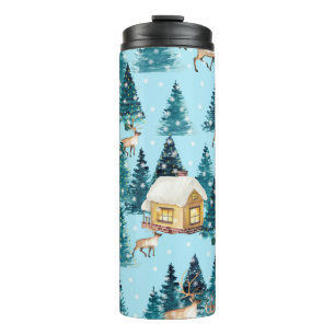Seamless pattern with winter village in the forest thermal tumbler