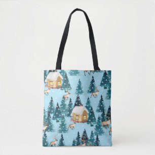 Seamless pattern with winter village in the forest tote bag