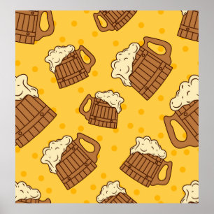 Seamless Pattern with Wooden Foam Beer Mugsbeer, p Poster