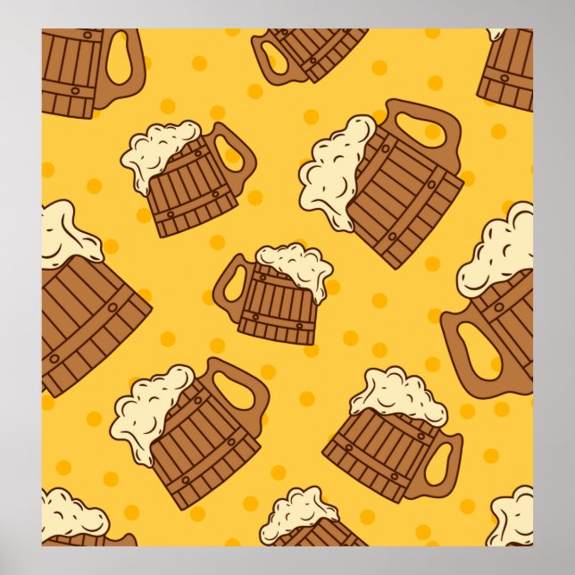 Seamless Pattern with Wooden Foam Beer Mugsbeer, p Poster (Front)