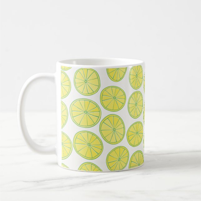 Seamless pattern with yellow lemon slices on white coffee mug (Left)