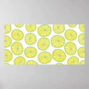 Seamless pattern with yellow lemon slices on white poster