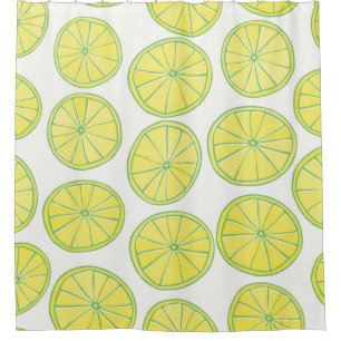 Seamless pattern with yellow lemon slices on white shower curtain