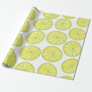Seamless pattern with yellow lemon slices on white wrapping paper