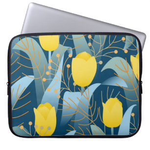 Seamless pattern yellow tulips on dark blue backgr laptop sleeve