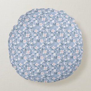 Seamless Pink and White Floral With Green Leaves Round Cushion