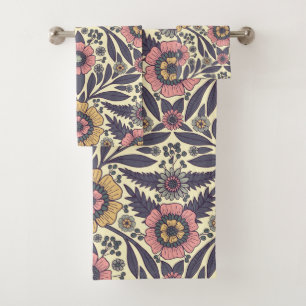 Seamless Pink & Blue Floral Pattern Bath Towel Set