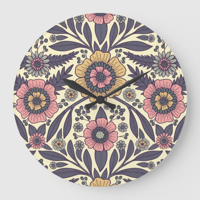 Seamless Pink & Blue Floral Pattern Large Clock (Front)