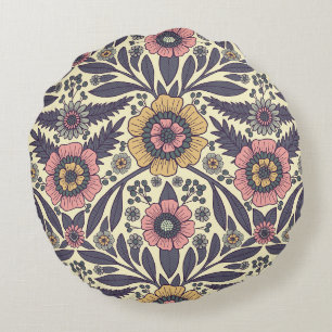 Seamless Pink & Blue Floral Pattern Round Cushion