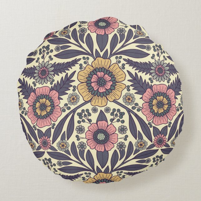 Seamless Pink & Blue Floral Pattern Round Cushion (Back)