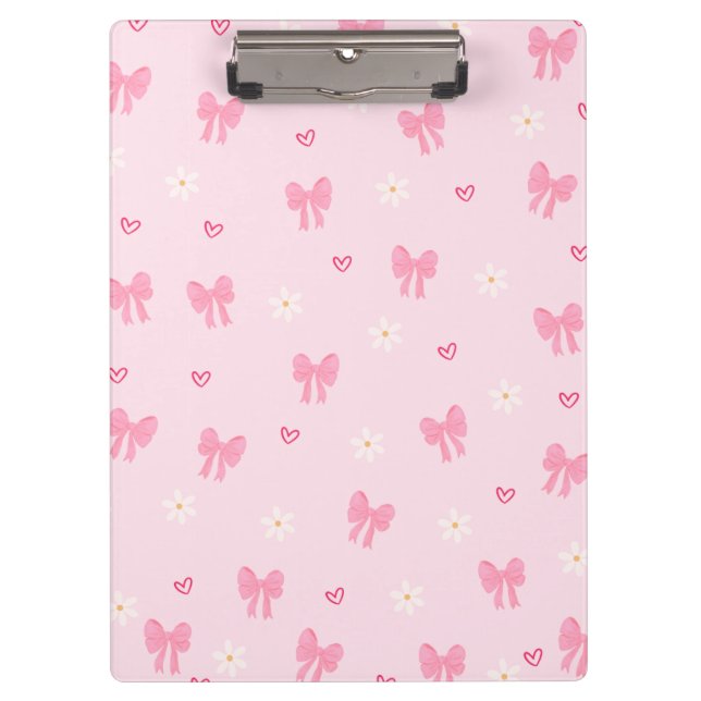 Seamless Pink Bow and Floral Pattern – Cute Girly  Clipboard (Front)